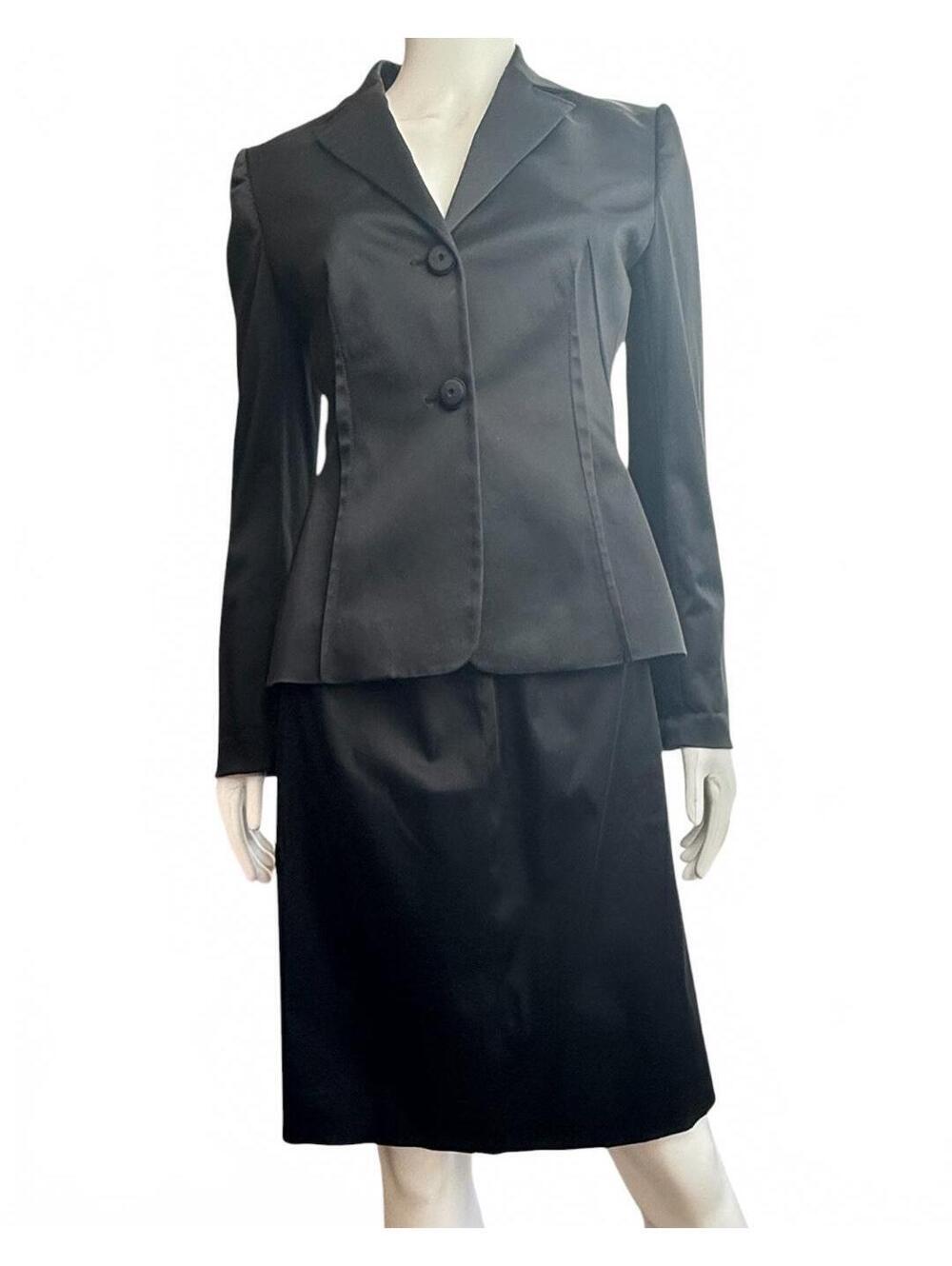 Moschino Cheap and Chic Vintage Black Satin Skirt Suit Set Size 10